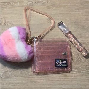 Pink Glitter Wallet, Gloss & Pom Keychain Bundle💗
